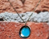 Copper Pendant with Overfired Teal Enamel on Brass Plated Chain Necklace