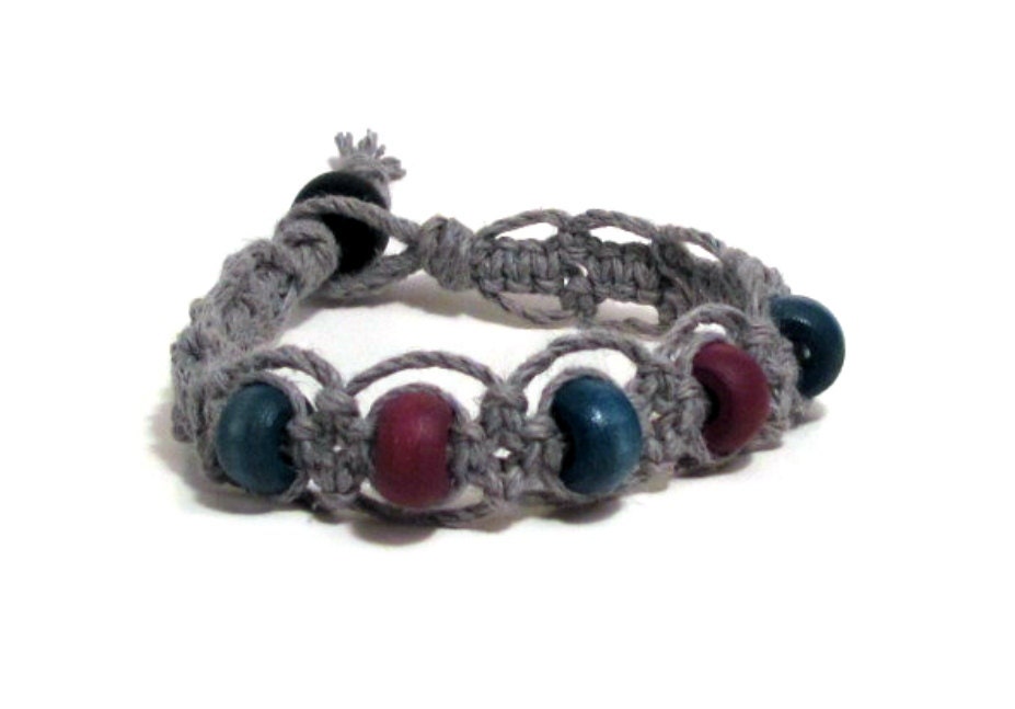 Grey Handmade Hemp Bracelet with Blue & Purple Beads