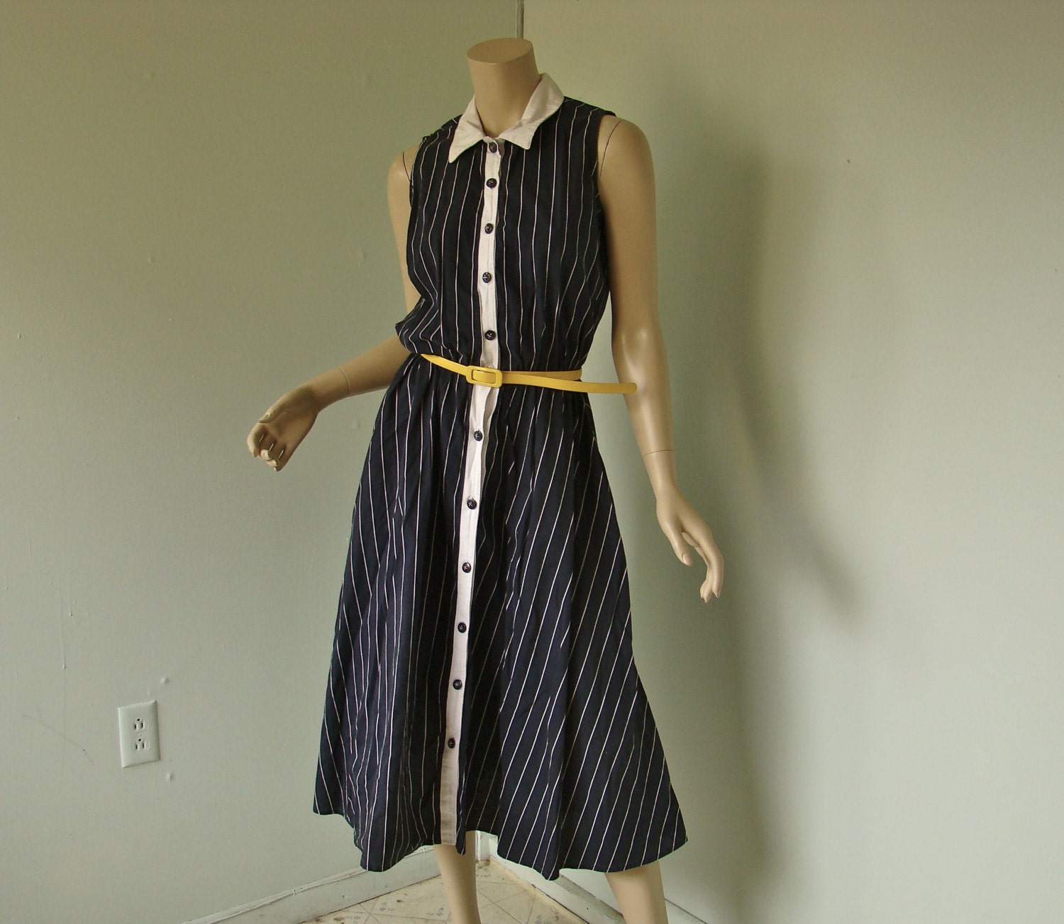 Nautical Striped Dress- Navy Blue & White Cotton- Sailor Inspired- 1990's Sundress