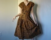 Golden Brown Abstract Dress- 1990's Drop Waist in Cotton- Cap Sleeve, Fit & Flare