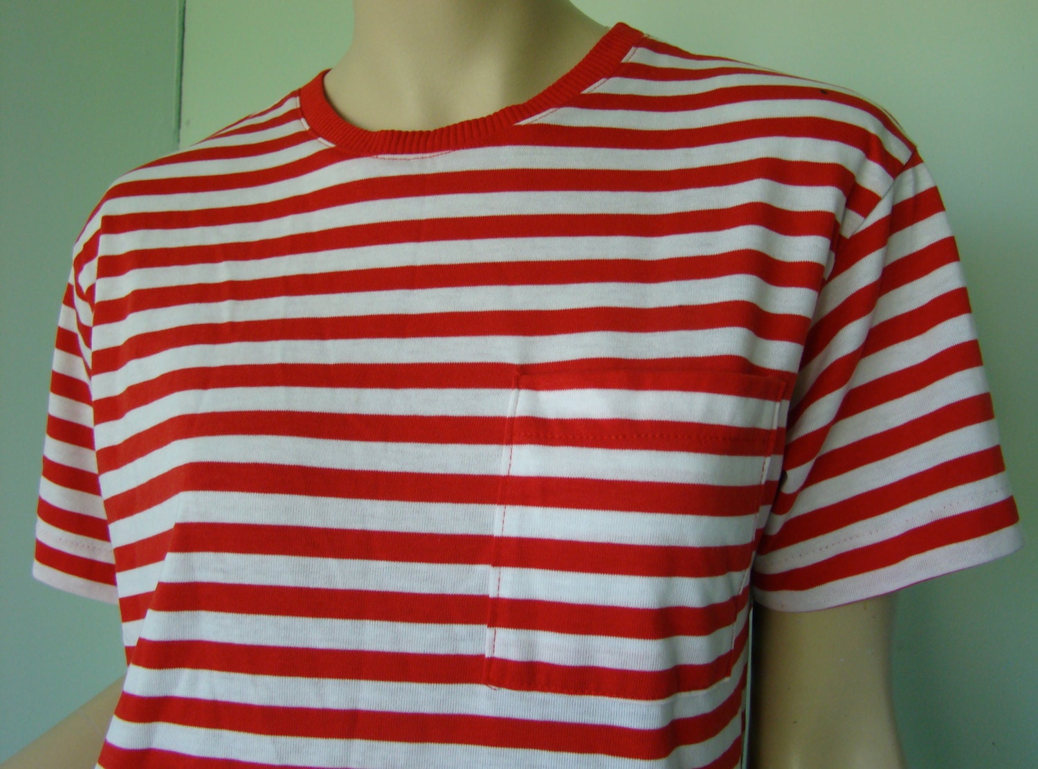 Nautical Striped T-shirt- 1990's Red & White Knit Top- Pocket Tee