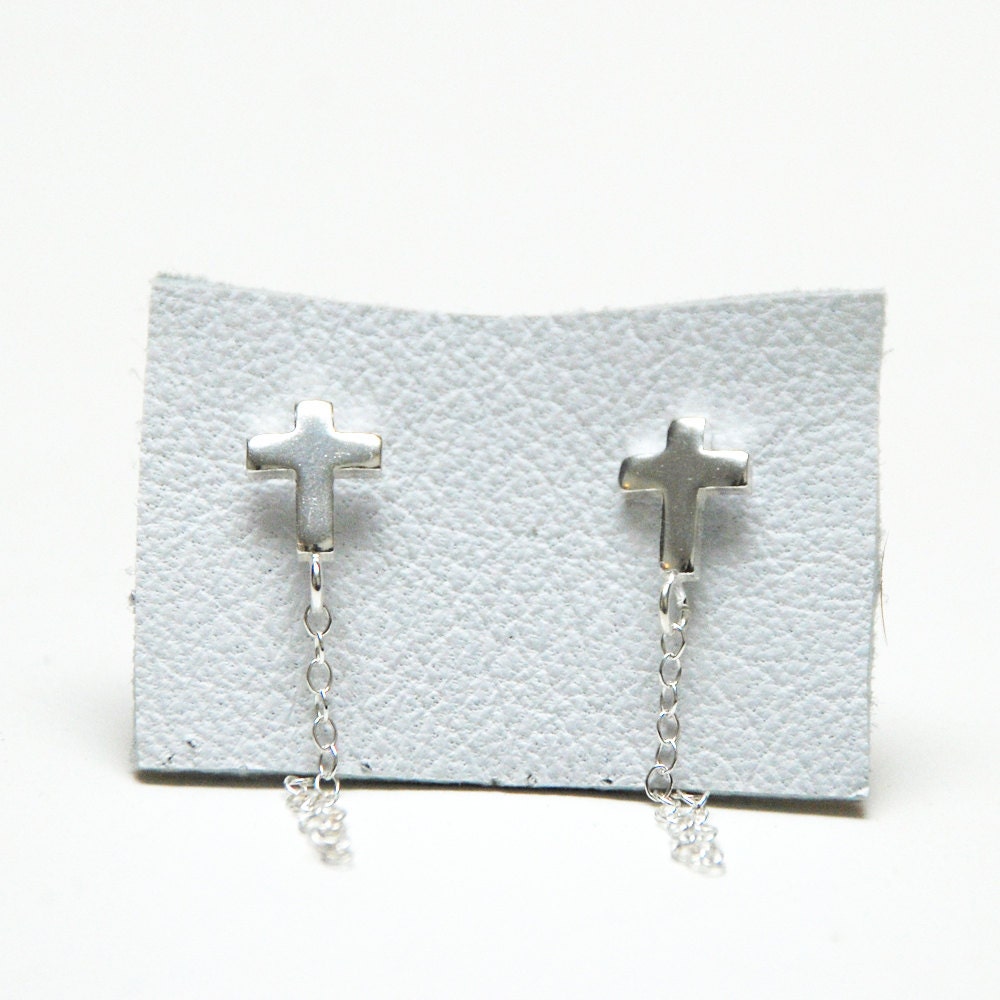 Chained Cross Earrings in Sterling Silver