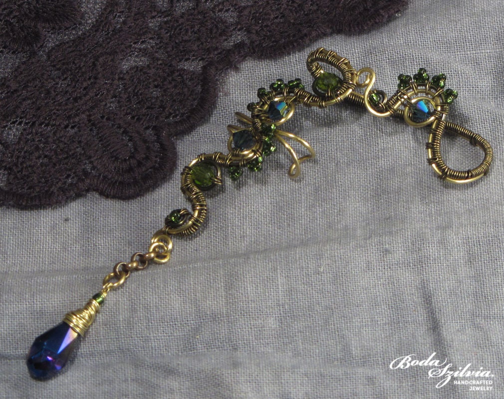 PEACOCK - OOAK wire wrapped ear wrap - bronze, brass, green and blue