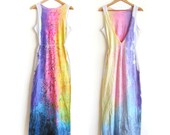 The Original "Splash Dyed" Hand PAINTED Deep V Backless Reversible Jersey Maxi Dress in White Spectrum Rainbow - S M L