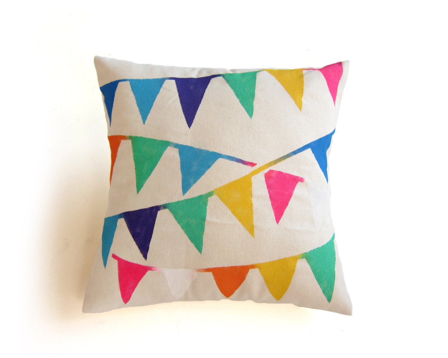 Triangle Bunting Banners Hand Stenciled Natural Cotton Duck Wooden Button Envelope Pillow Cover in Multicolored Rainbow