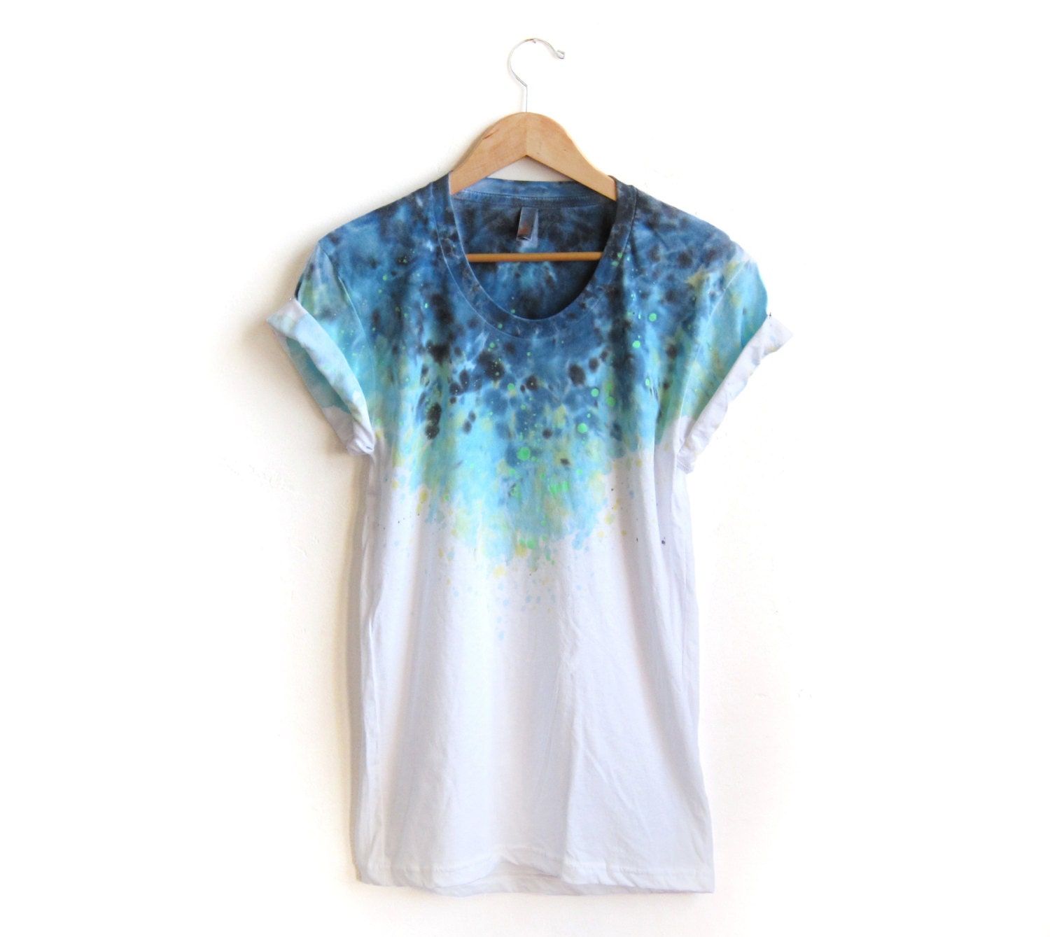 The Original "Splash Dyed" Hand PAINTED Scoop Neck Pinned Rolled Cuffs Tee in White Spectrum Starscape - S M L XL 2XL 3XL