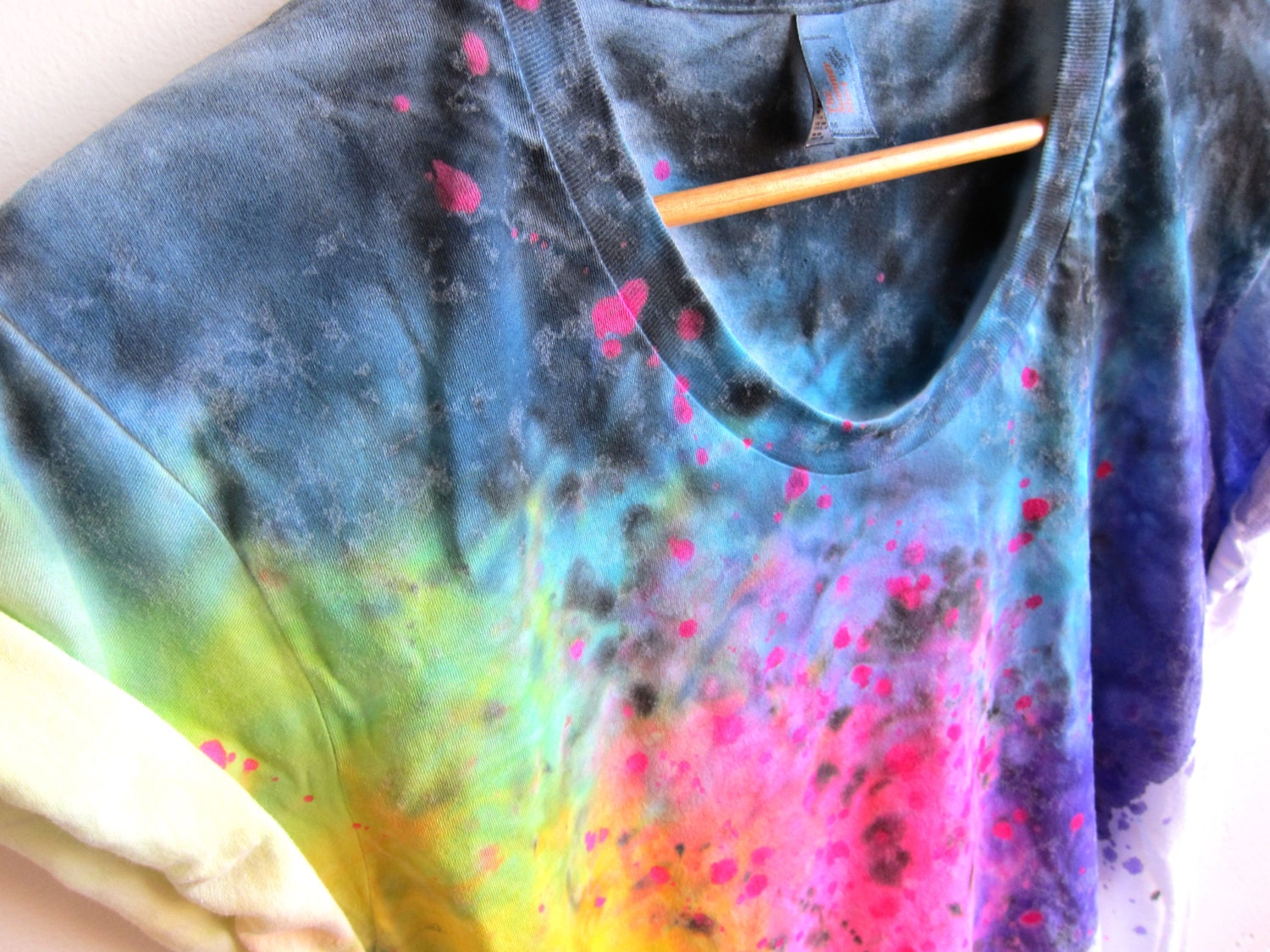 The Original "Splash Dyed" Hand PAINTED Scoop Neck Pinned Rolled Cuffs Tee in White Spectrum Rainbow - S M L XL 2XL 3XL