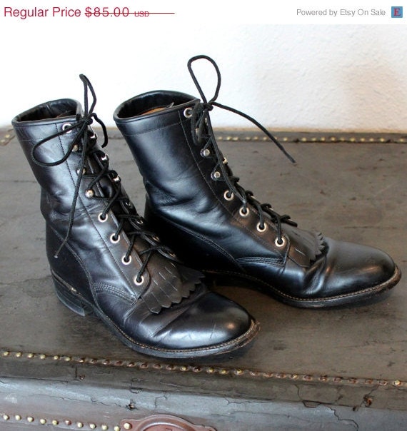 Summer Sale Vintage Black Justin Lace Up Roper Boots Women's Size 7B
