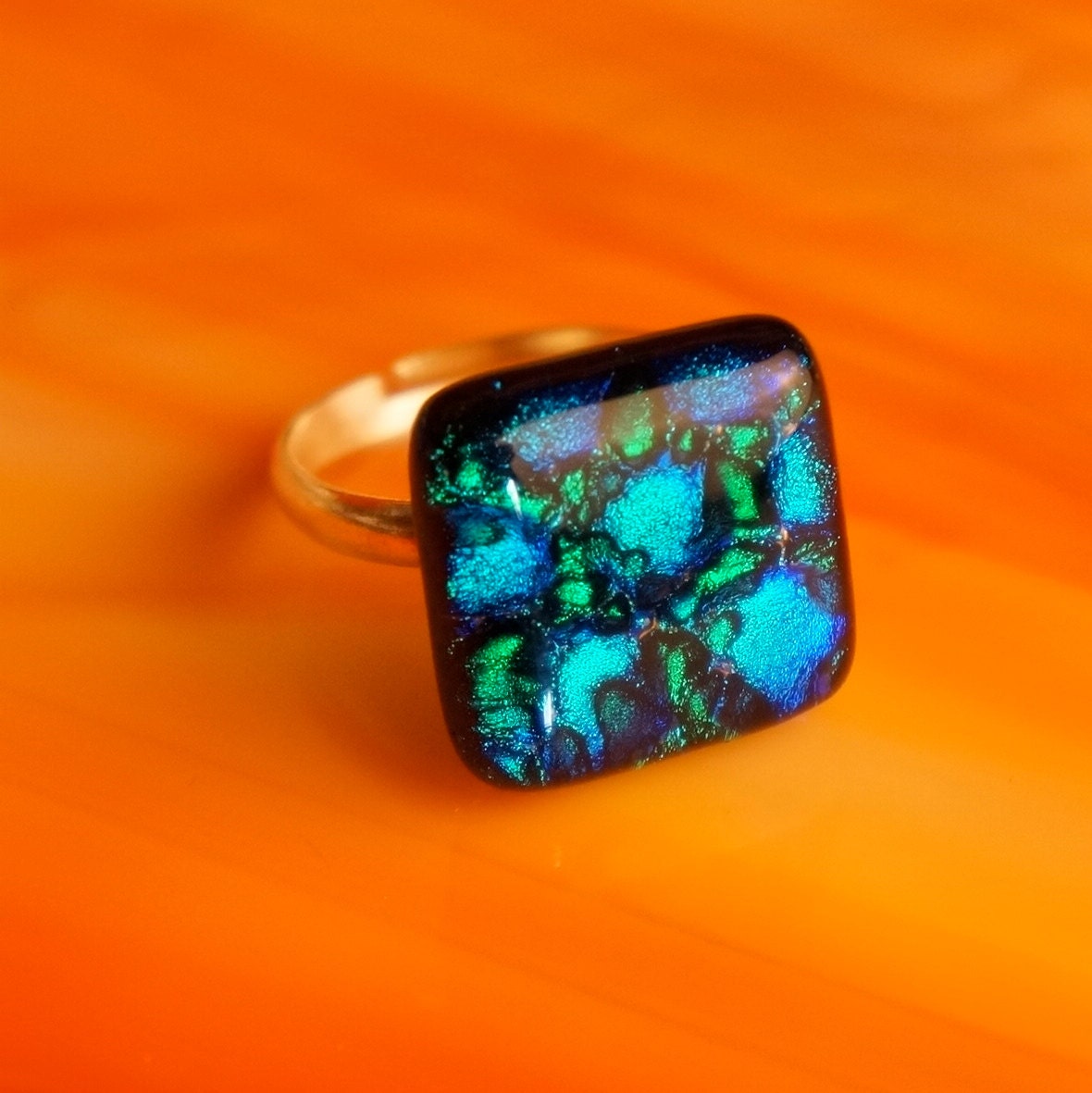 Handmade Dichroic Fused Glass Silver Adjustable Ring