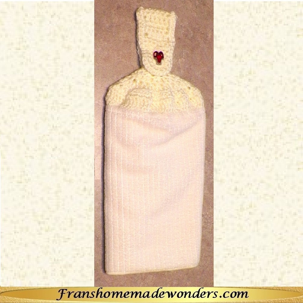 Hand Crocheted Top Double Layer Micro-fiber Hanging Kitchen Towels - Off White
