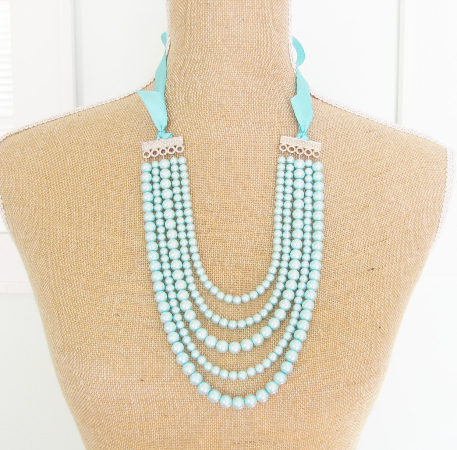 Aqua Blue Pearl Multi Strand Statement Necklace Blue Satin Ribbon Adjustable - Wedding, Bridal, Bridesmaid Chunky