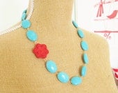 Turquoise Blue Stone Bead and Red Cinnabar Carved Flower Necklace - Chunky Preppy Necklace, Bridal, Bridesmaid Necklace Aqua Blue