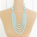 Aqua Blue Pearl Multi Strand Statement Necklace Blue Satin Ribbon Adjustable - Wedding, Bridal, Bridesmaid Chunky