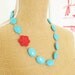 Turquoise Blue Stone Bead and Red Cinnabar Carved Flower Necklace - Chunky Preppy Necklace, Bridal, Bridesmaid Necklace Aqua Blue