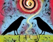 Two Ravens Sit and Reflect II 8" x 8" - Black Bird Art Print