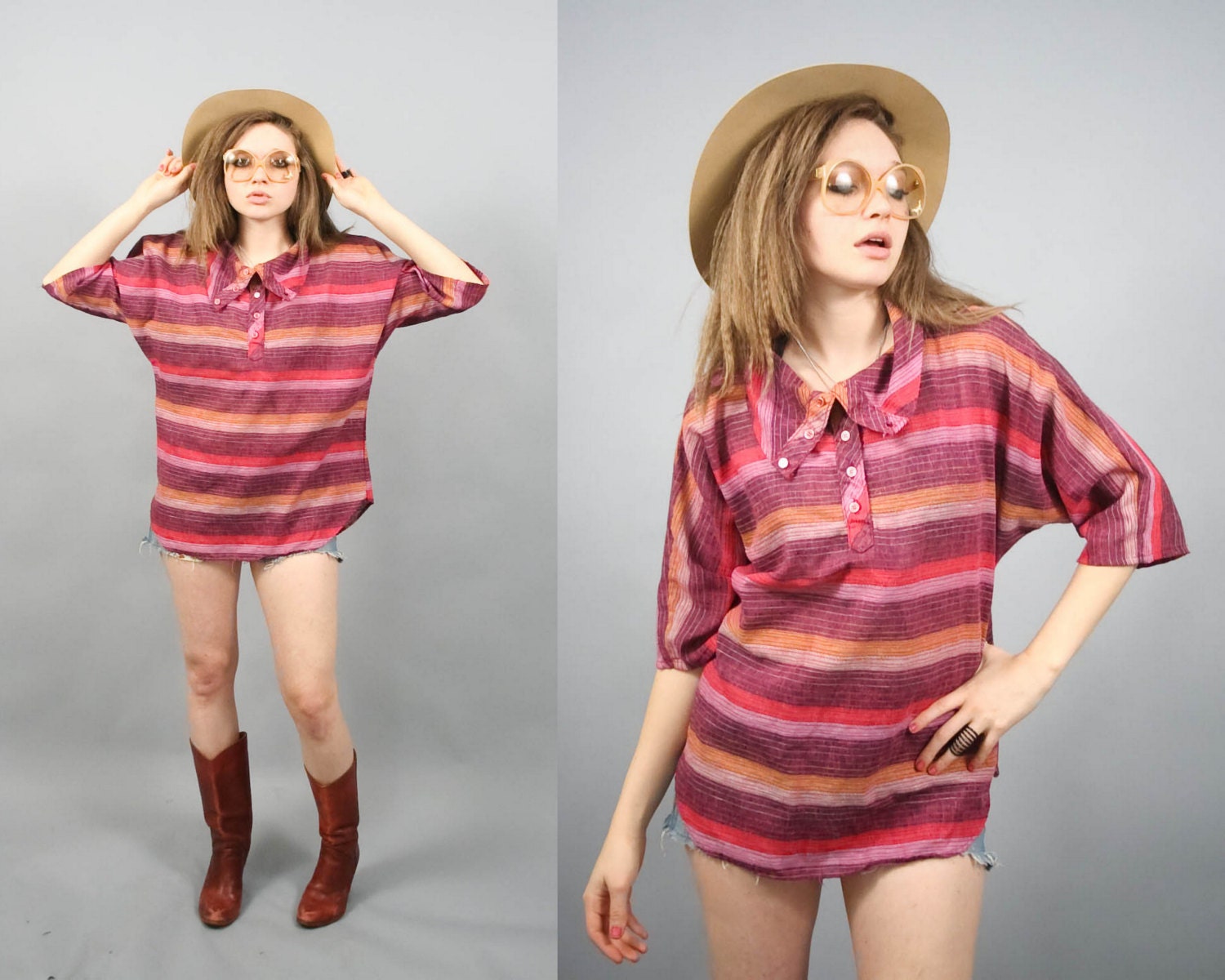 Vintage 80s Dolman Striped Cowl Turtle Neck Thin Shirt Blouse (S - L)
