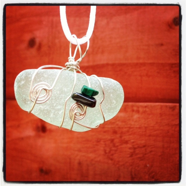 Aqua Irish Sea Glass Wire Wrapped Pendant - w/ Hematite and Malachite