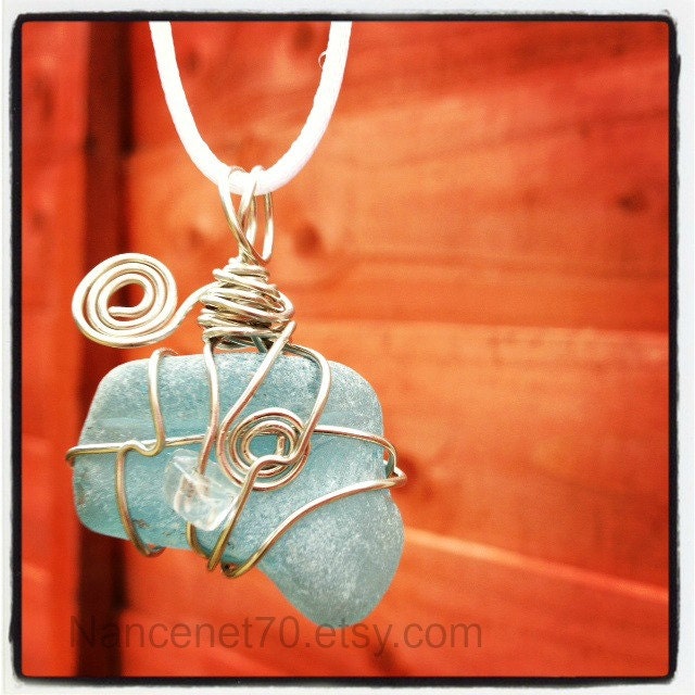 Blue-ish Aqua Irish Sea Glass - Wire Wrapped Pendant