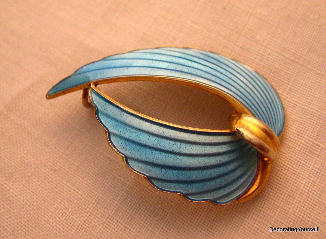 Guilloche Light Blue Enamel Sterling Silver Brooch Pin Goldtone Norway Albert Scharning Mid Century