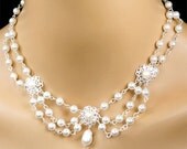 Pearl Bridal Necklace, White Pearl and Swarovski Crystal Vintage Inspired Bridal Necklace, Wedding Statement Necklace - Amanda WN0147