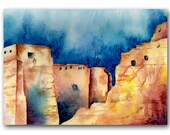 ACEO Art Print, Blue, Yellow, Teal, Arizona, Indian Ruins
