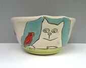 Cat Cereal Bowl With Kitty And Red Bird, Aqua Seafoam Green