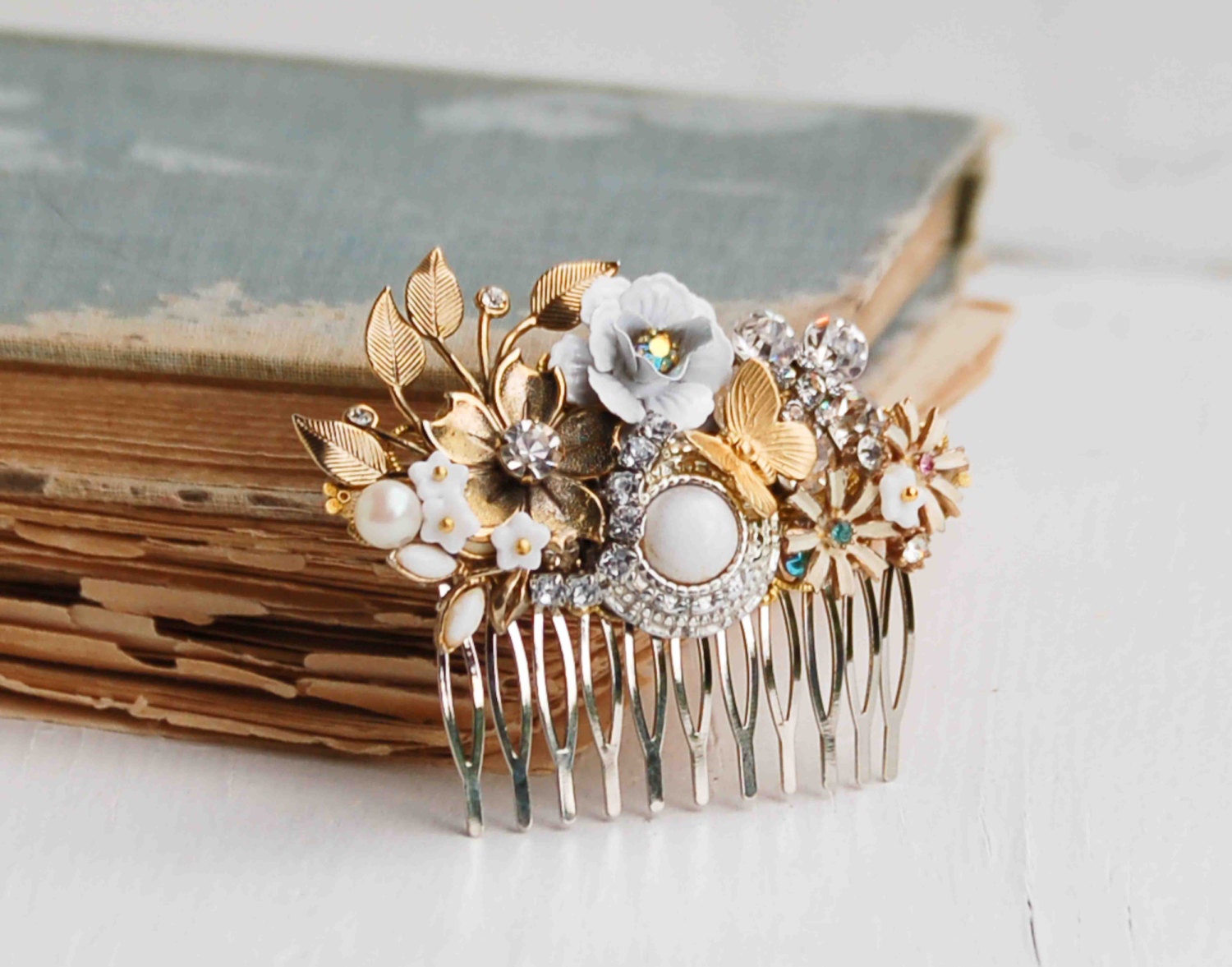 WHITE Bridal HAIR COMB Gold Vintage Hair Accessory Wedding Gold Hair Comb Something Old Wedding