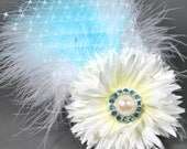 Blue and White Daisy Bridal Hair clip, Wedding, Prom, Marabou feathers, Russian birdcage veil-REDUCED