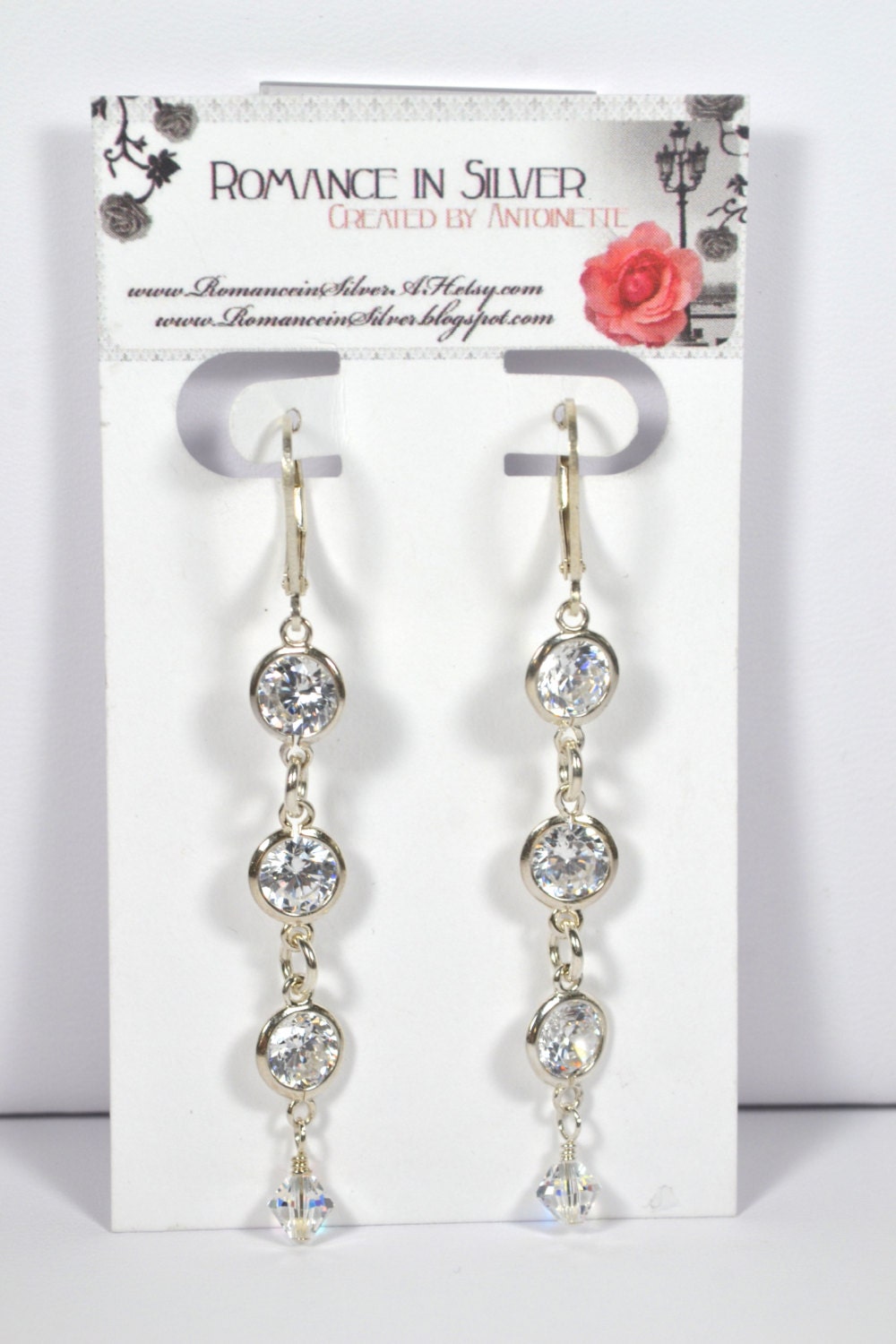 Sterling Silver Cubic Zirconia Modern Earrings, Leverback Earring Hooks, Clear ab Coated Swarovski Crystals