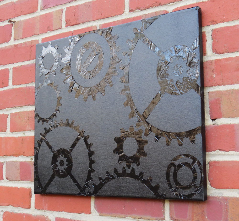 SALE - Tone on Tone Modern Black Gears / Steampunk Textured Print - 16x20 canvas original reproduction - I Was Bored Series