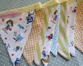 Small Classic Children's  Bunting. Colours - Green, Lemon, Turquoise and White. Patterns -  Stripes, Gingham, Spots and little characters.