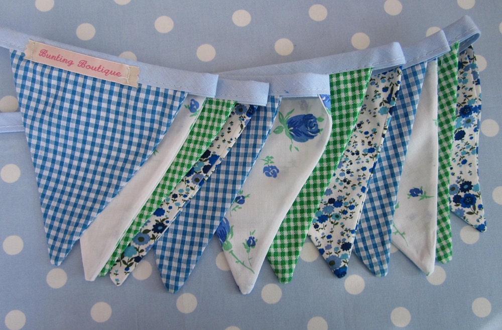 Small Classic Bunting. Colours - Green, White Blue and Turquoise.  Fabric Patterns - Flowers and Gingham.