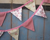 Small Classic Bunting. Colours - Pale pink, Pale Green and White.  Fabric Patterns -Spots, Roses, Hearts and Flowers.