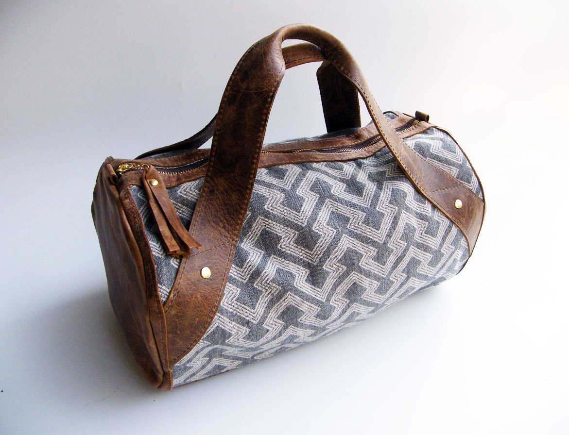 Leather Purse / Leather Duffle Bag- woven gray tapestry and genuine leather / Weekender leather tote bag