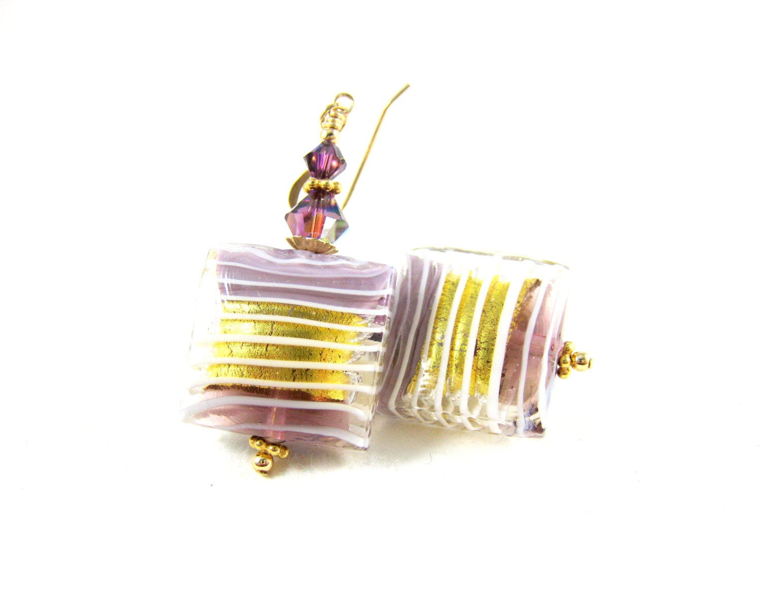 Lavender Purple Murano Earrings, Purple Gold Amethyst Venetian Glass Earrings, Summer Beadwork Earrings, Dangle Earrings - Lavender Lovelies