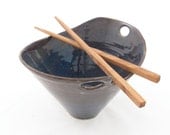 Noodle bowl with chopsticks - tawny brown and denim blue