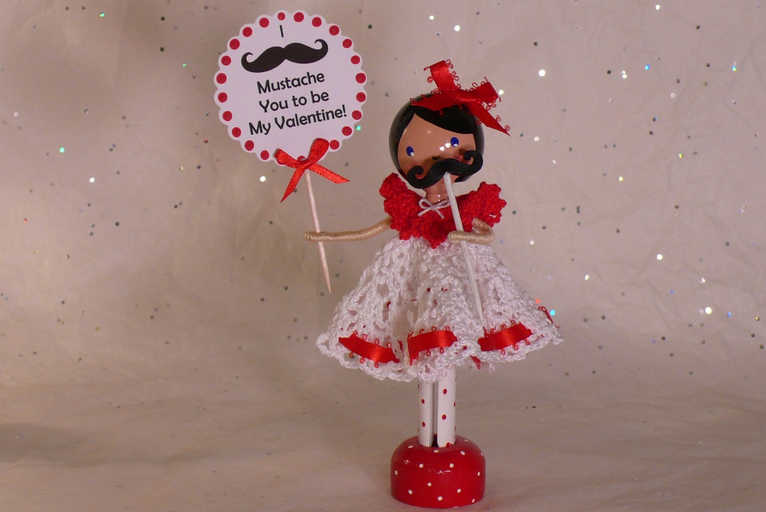 Mustache Molly - Valentine Clothespin Doll