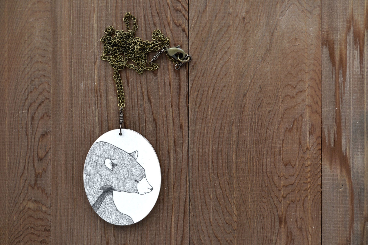 Winter Bear Necklace - Animal Portrait Drawing on Wooden Pendant