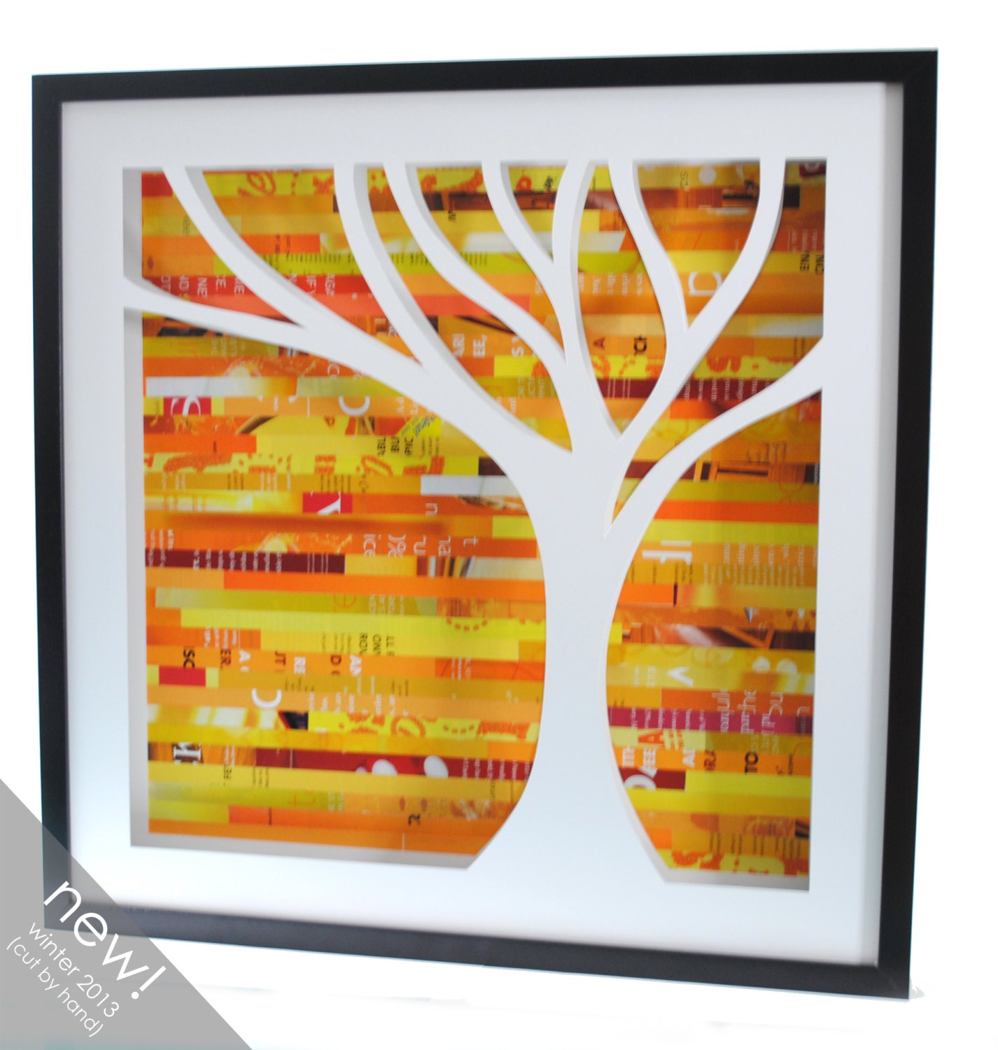 tree shadowbox, on the right- made from recycled magazines, nature, wall art, unique