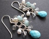 Blue and White Beachy Summer Cluster Earrings - Turquoise, White Pearl, Crystal, Amazonite with Sterling Silver Spirals