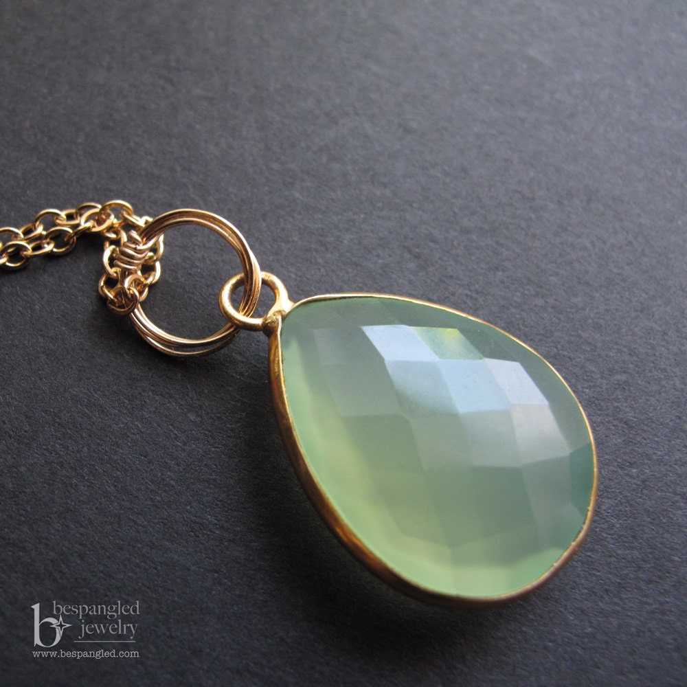 Spring Green Chalcedony Teardrop Pendant Necklace in 14k Gold Fill and 24k Gold Vermeil