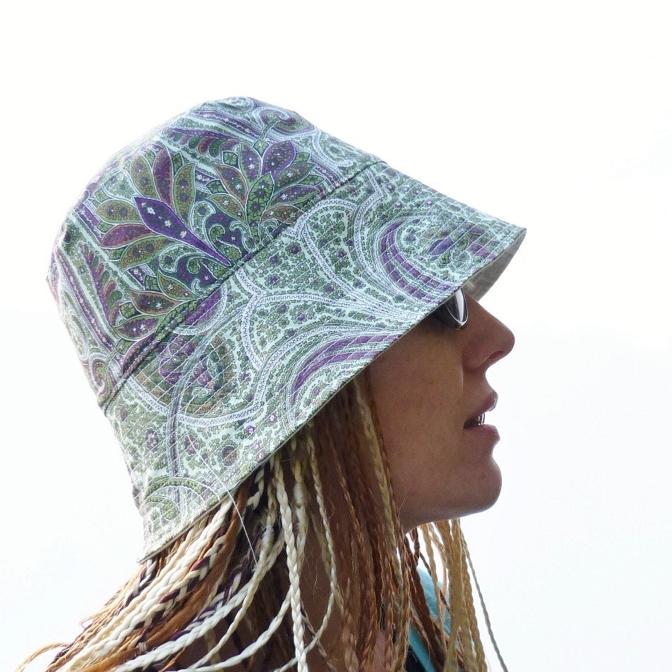 ONLY 2 LEFT Womens Hat - Floppy Sun Hat - Olive Green/Purple Paisley Cotton Fabric Hat