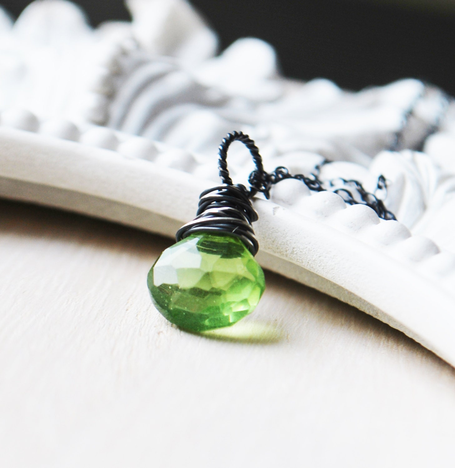 Peridot Heart Briolettes on Oxidized Sterling Silver - Peridot Necklace