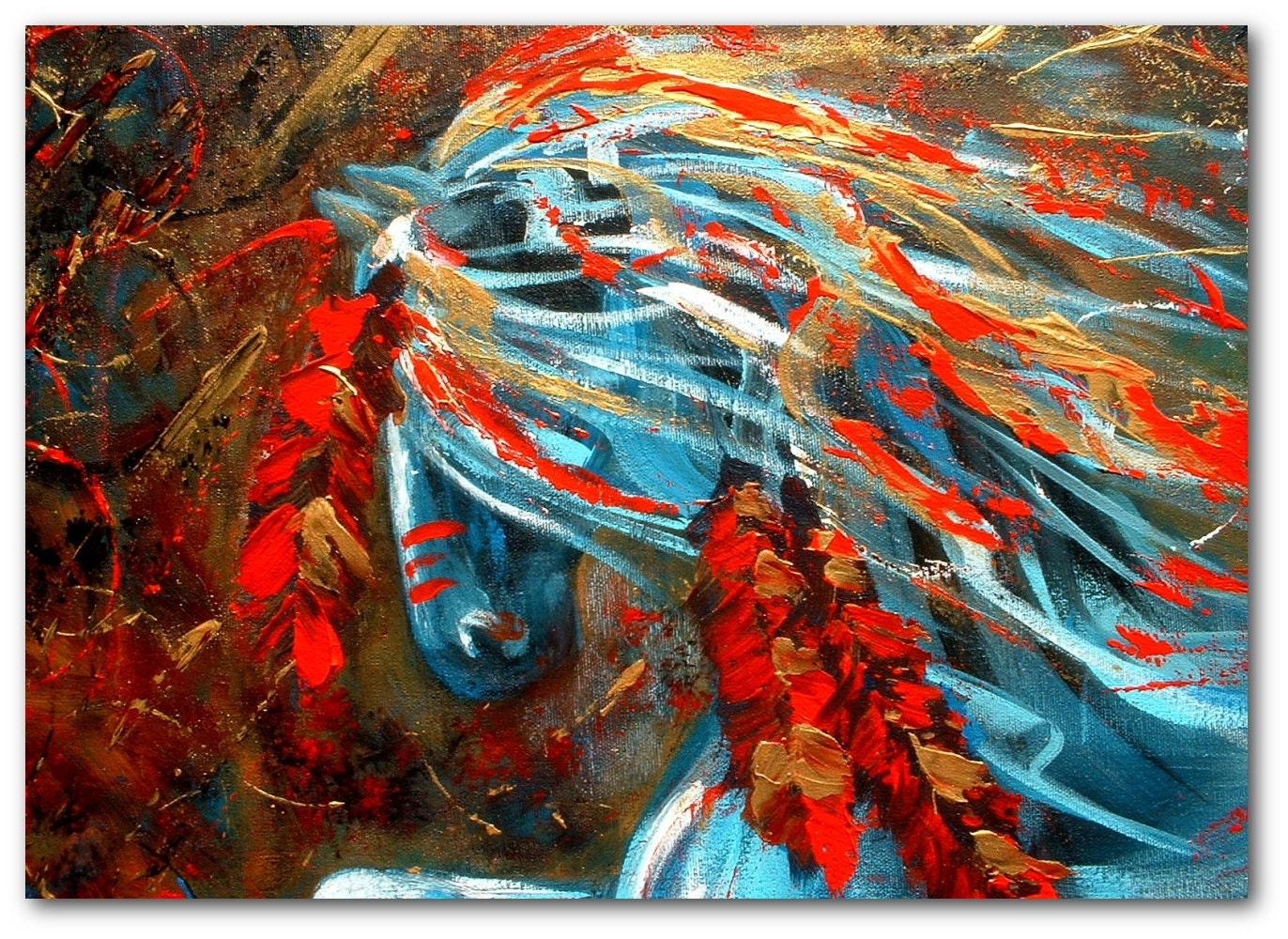 Majestic Mustang Native American Feathers Abstract ArT 27 -  5x7 Print by AmyLyn Bihrle