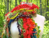 Multicolored tattered shaggy SCARF/  Wrap/ Shrug with pom poms, silk shaginess and fringes