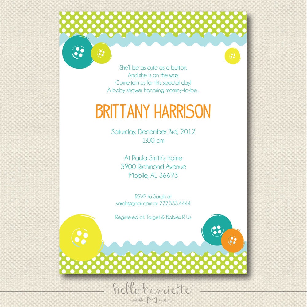 PRINTABLE Cute As A Button Baby Shower Invite