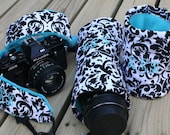3 Piece DSL Camera Gift Set 2 inch Wide Strap and 2 lens cases in White and Black Damask with Turquoise Minky Dot
