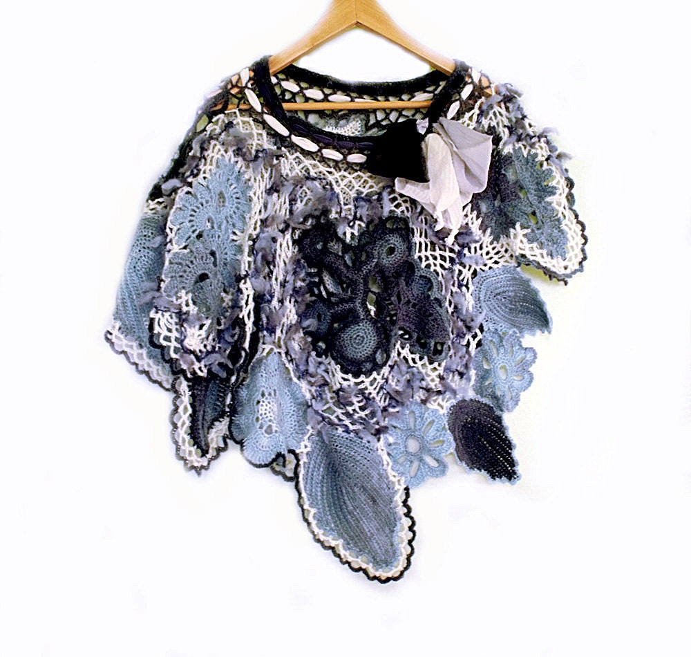 Freeform crochet capelet. Freeform crochet poncho. OOAK. Boho capelet. Freeform crochet stole. Denim blue white mohair wool