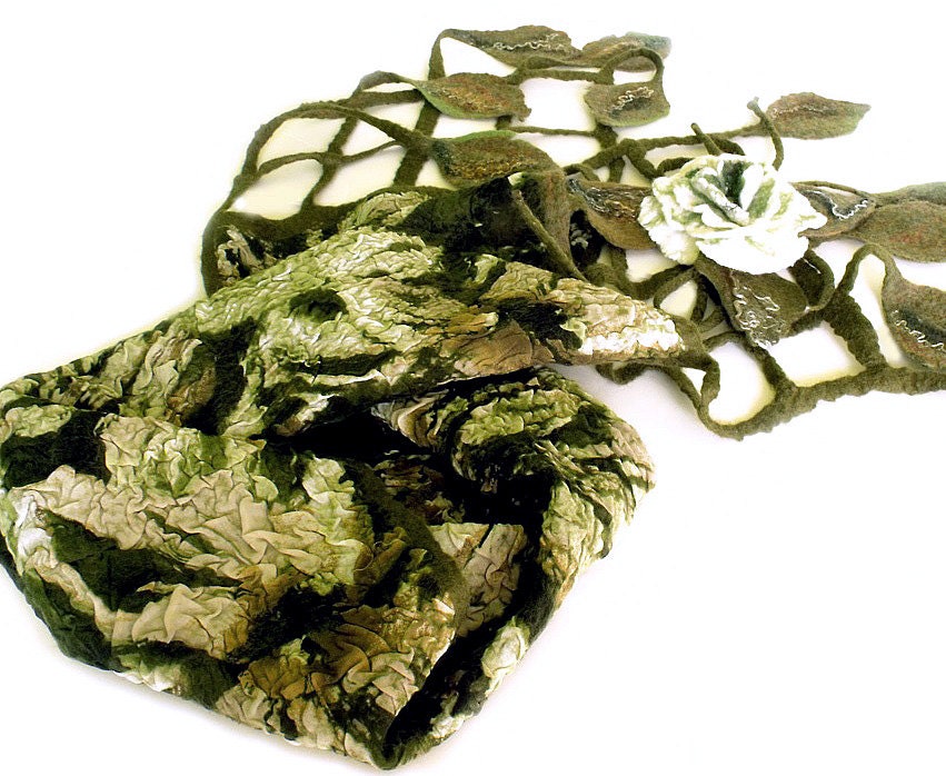 Nuno felt scarf. Felt scarf with grid fringe, leaves, and flower brooch. Wool silk chiffon. Mothers Day gift. Green white "Early Spring"