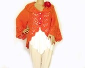 Knit crochet long jacket. Bolero cardigan. Spring fashion. Chunky shabby boho jacket. Orange coral.